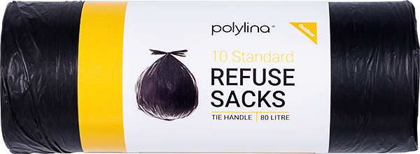 Polylina provide 80 litre black refuse sacks with tie handle closure style