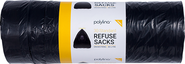 Polylina provide 80 litre black refuse sacks with drawstring closure style